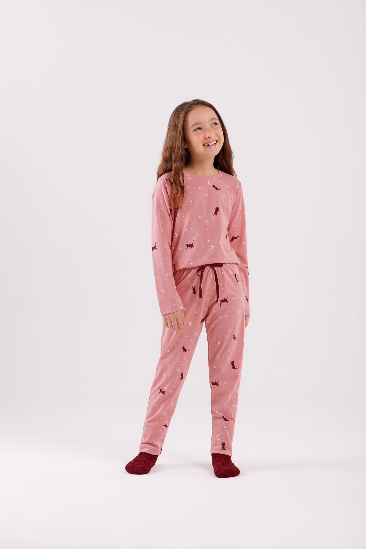 PIJAMA FEMININO INFANTIL MANGA LONGA E CALÇA ROSA GATOS - COR COM AMOR