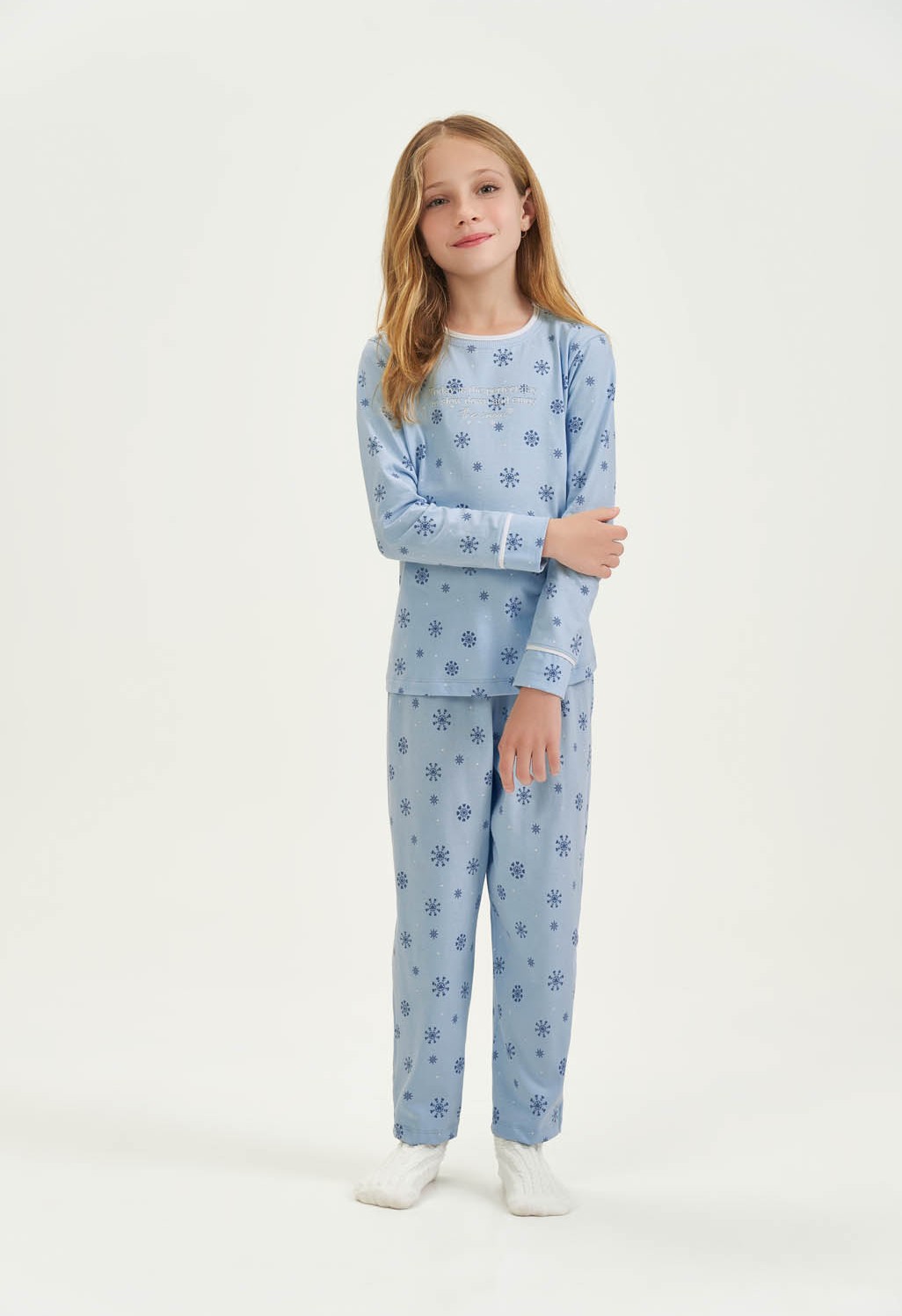 PIJAMA FEMININO INFANTIL LONGO AZUL FLOCO DE NEVE - COR COM AMOR