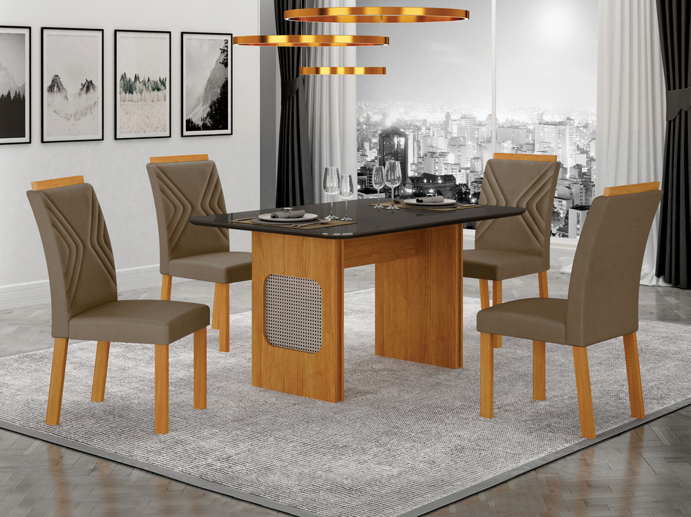 Conjunto Sala de Jantar Lara 1,20m tampo vidro chumbo com 4 Cadeiras Clara Plus