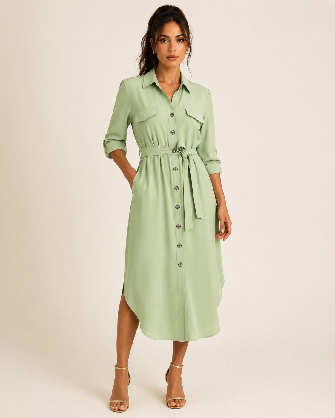 Vestido Mídi com Abotoamento Frontal Verde