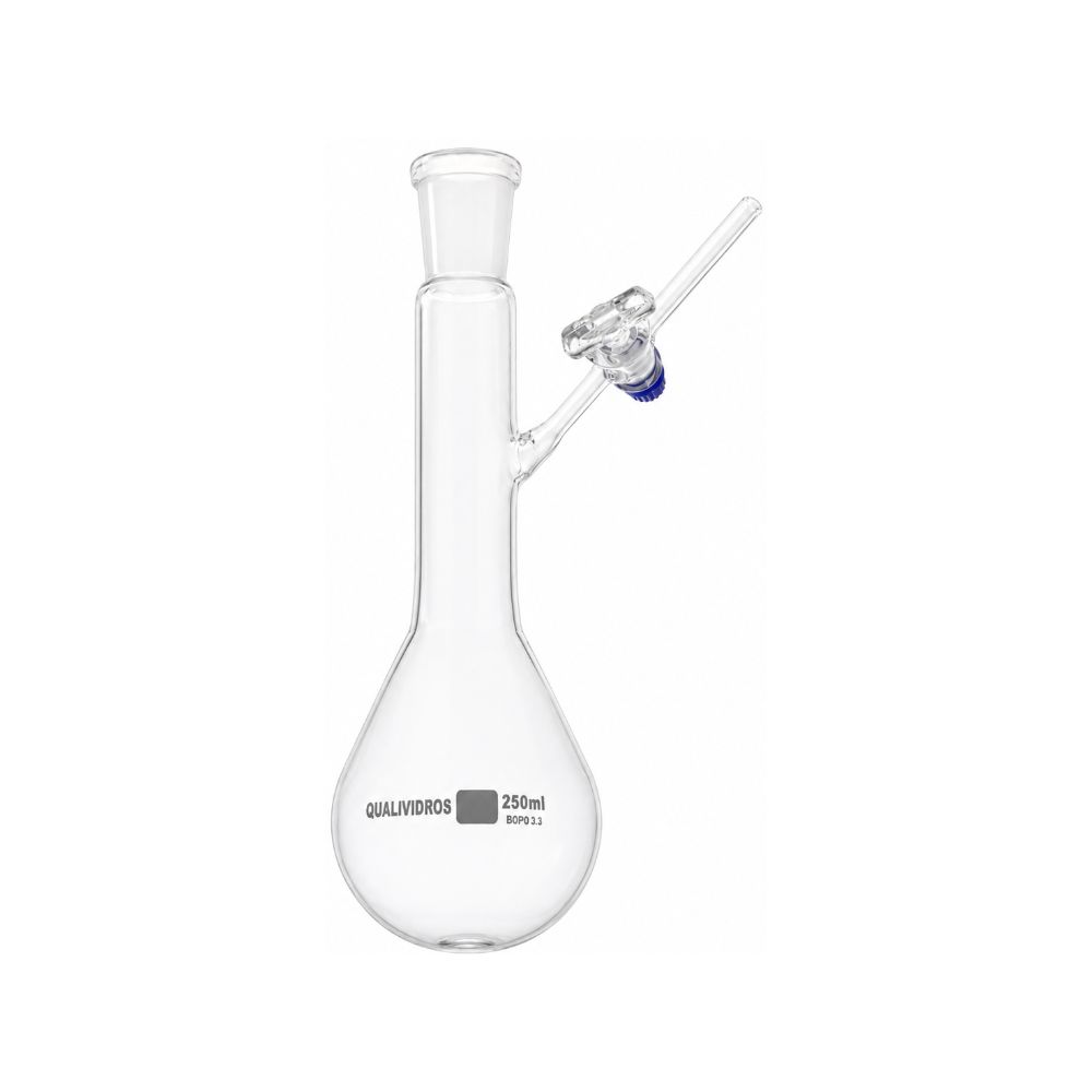 BALÃO DE SCHLENK DE VIDRO JUNTA 24/40 SAÍDA LATERAL C/ TORNEIRA DE VIDRO CAP. 500ML