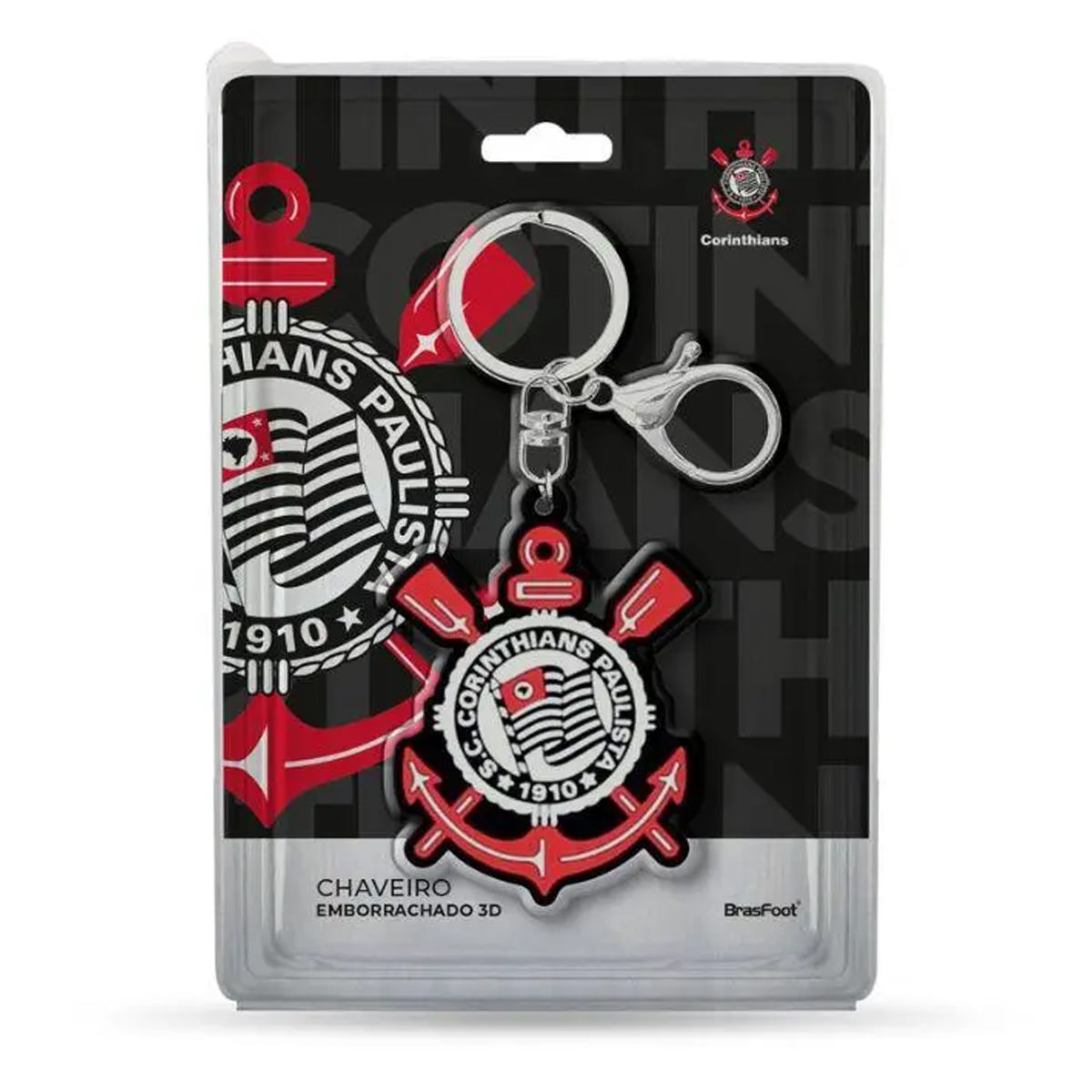 Chaveiro KazzaVip Emborrachado Oficial Escudo Time Corinthians Fecho Mosquet&atilde;o Futebol Brasileiros Preto