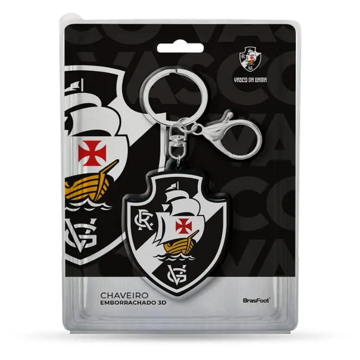 Chaveiro KazzaVip Emborrachado Oficial Escudo Time Vasco Gama Fecho Mosquetão Futebol Brasileiros Preto
