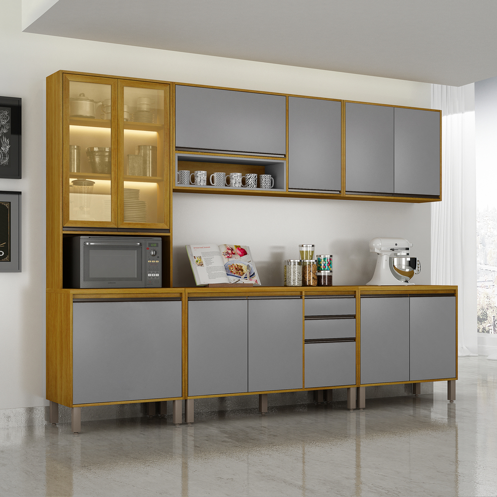 Cozinha Eduarda Plus 5 Pe&ccedil;as Cristaleira 260 cm com Vidro Reflecta A&eacute;reo 2pts