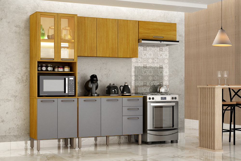 Cozinha Malta 4 Pe&ccedil;as Cristaleira 266 cm com Vidro Reflecta e LED