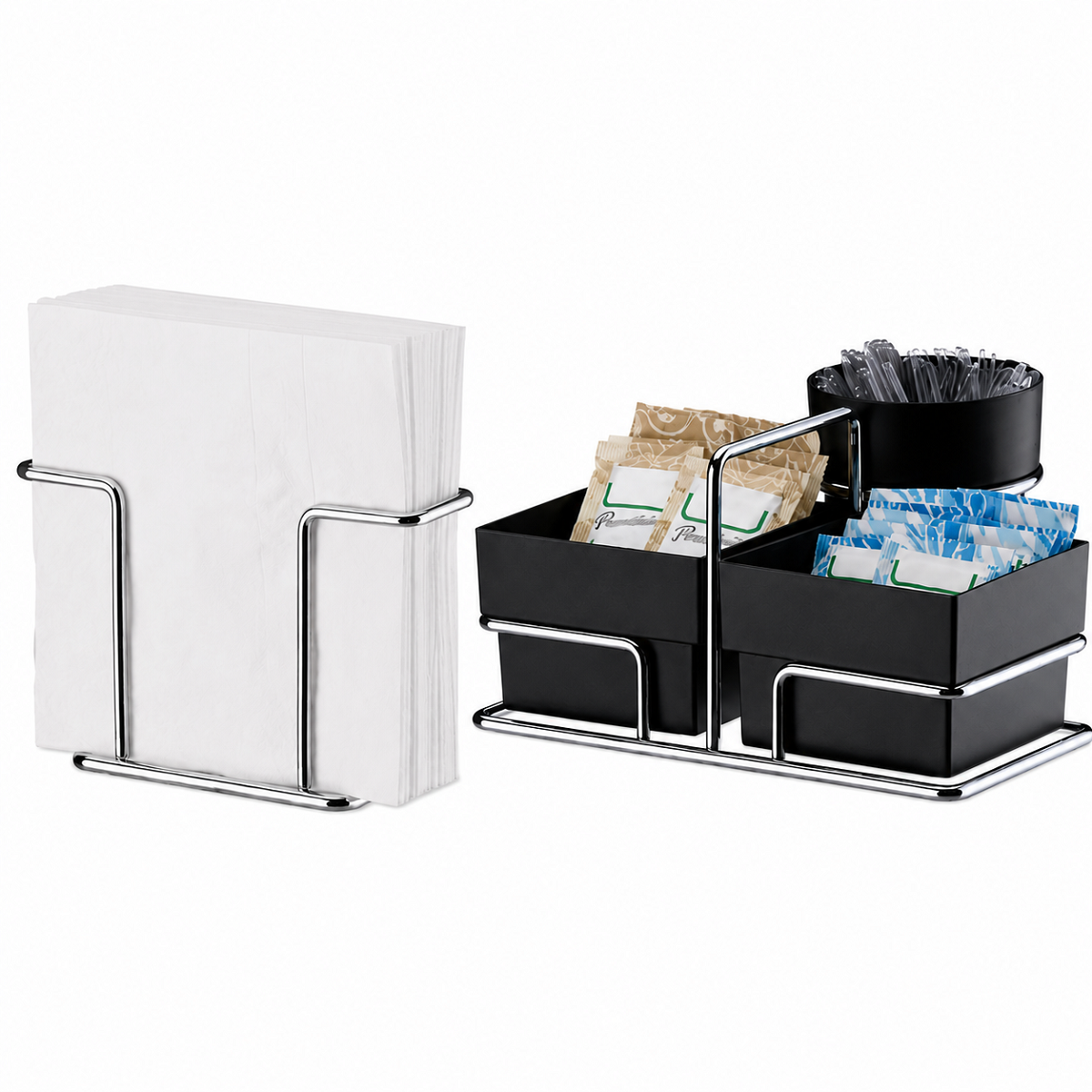 Kit Organizador para Caf&eacute; Future Eleganza Preto Porta Guardanapo + Organizador de Sach&ecirc;s A&ccedil;&uacute;car Mexedor Rust Free