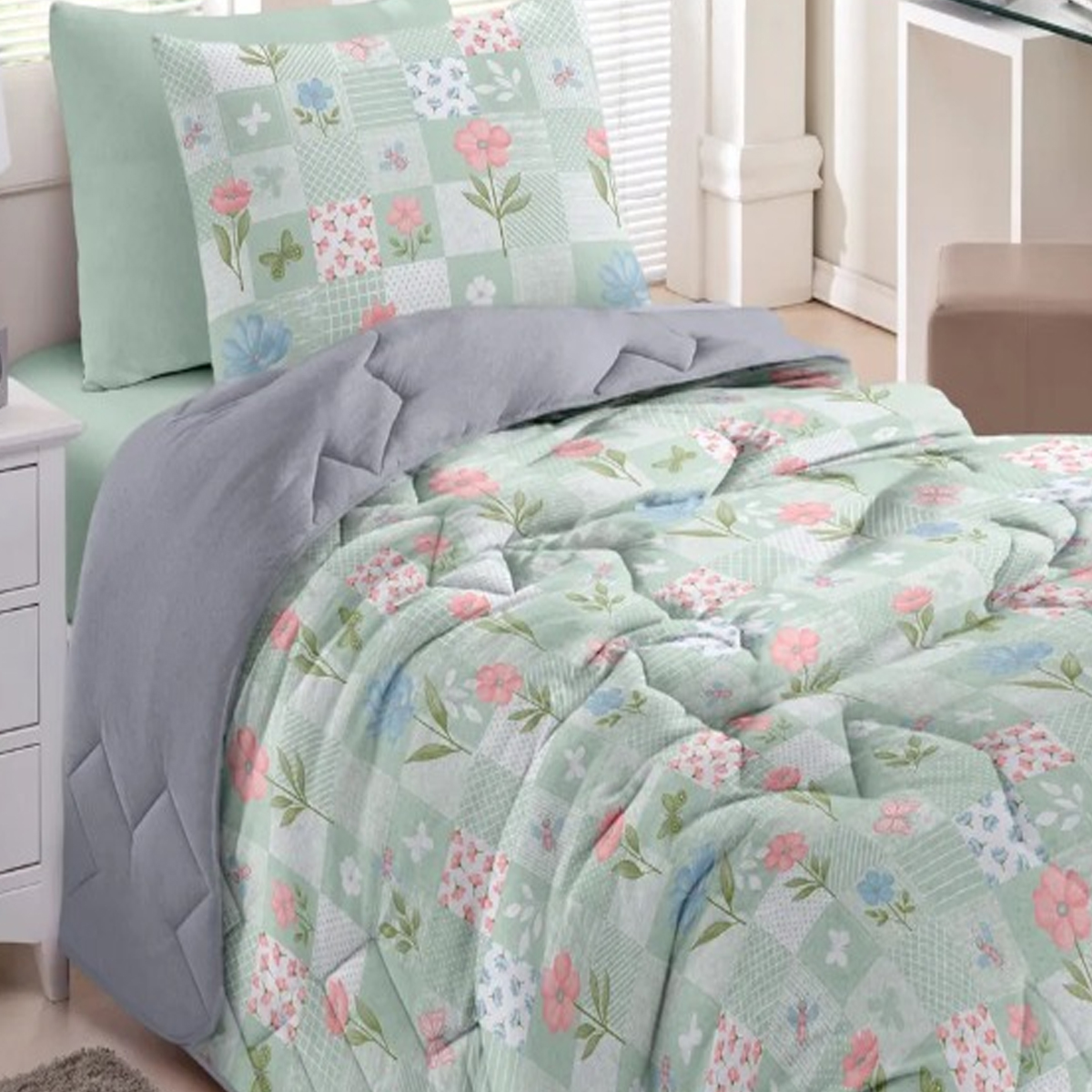 Edredom KazzaVip Solteiro Malha 100% Algodão Basic Estampado Serena 150mx220m Cinza