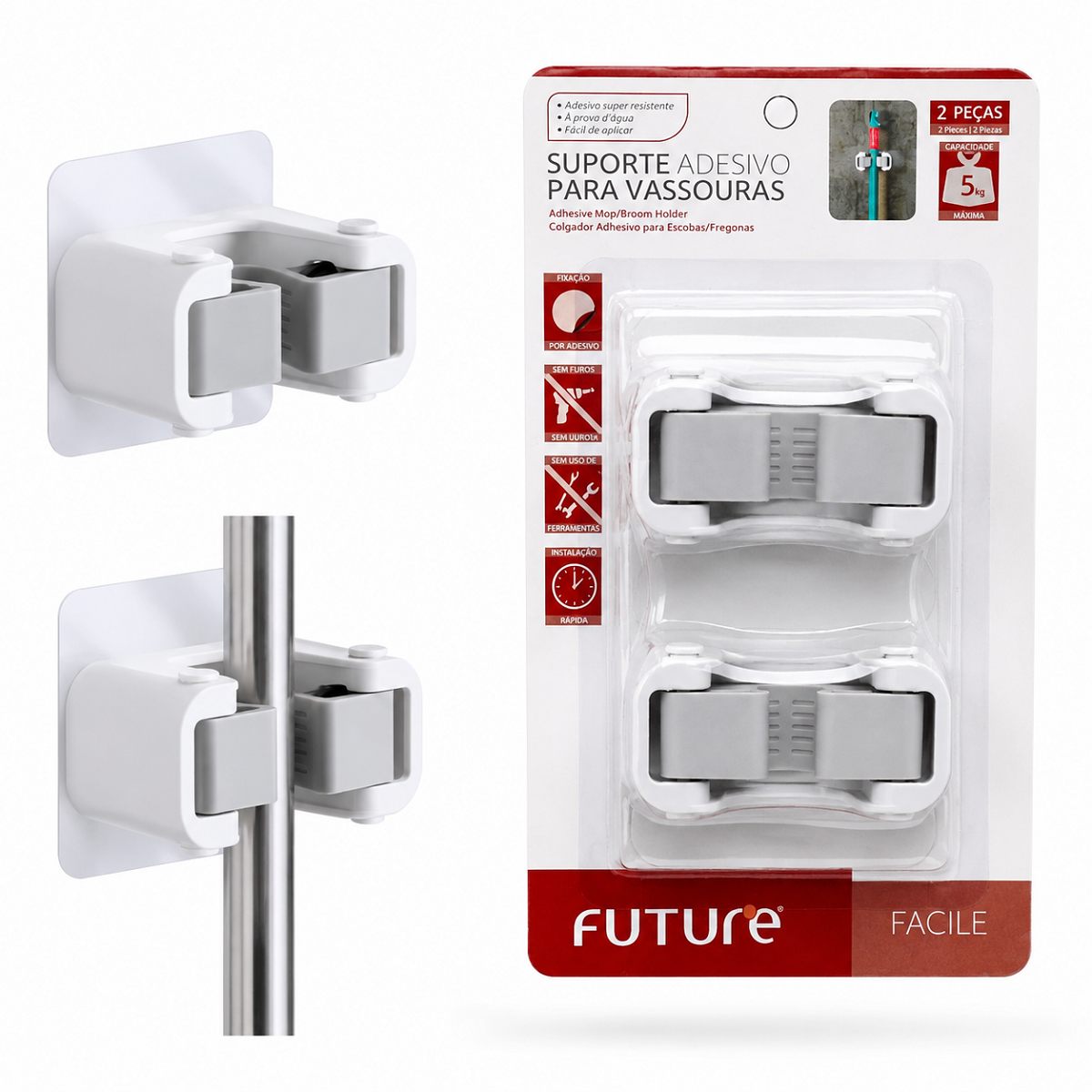 Kit 2 Suportes Porta Vassoura Adesivo Future Facile 5kg