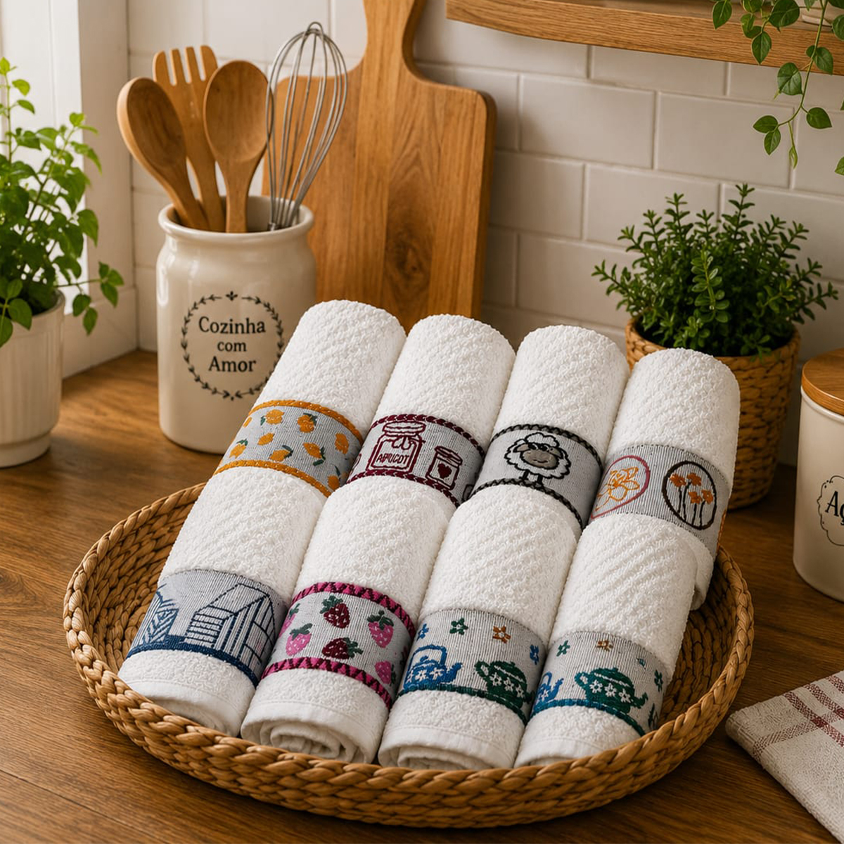 Kit 04 Pano De Prato Copa KazzaVip Felpudo Atoalhado 100% Algodão Barra Decorada Jacquard 45cmx70cm Branco Off White