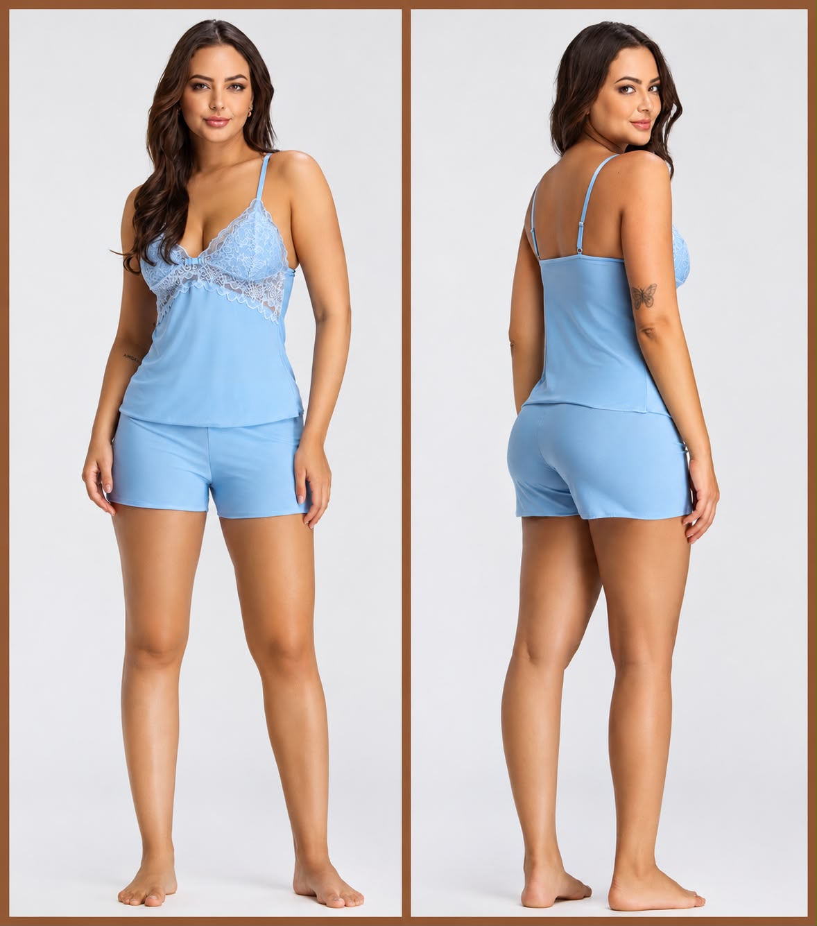 PIJAMA FEMININO DE ALÇA COM RENDA E SHORT AZUL CLARO - BOCEJINHO