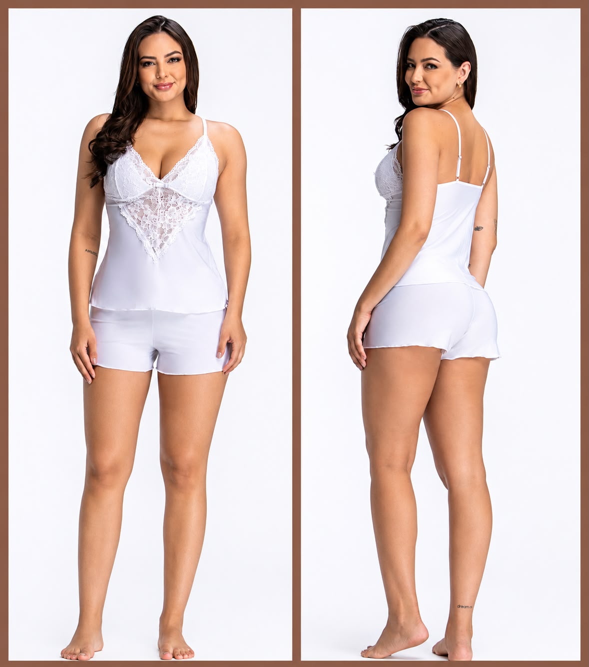 PIJAMA FEMININO DE ALÇA COM RENDA E SHORT BRANCO - ESSENCIAL