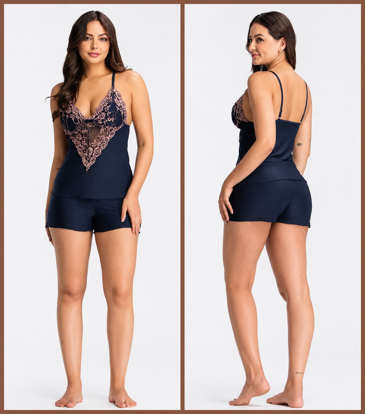 PIJAMA FEMININO DE ALÇA COM RENDA BICOLOR E SHORT AZUL MARINHO - ESSENCIAL