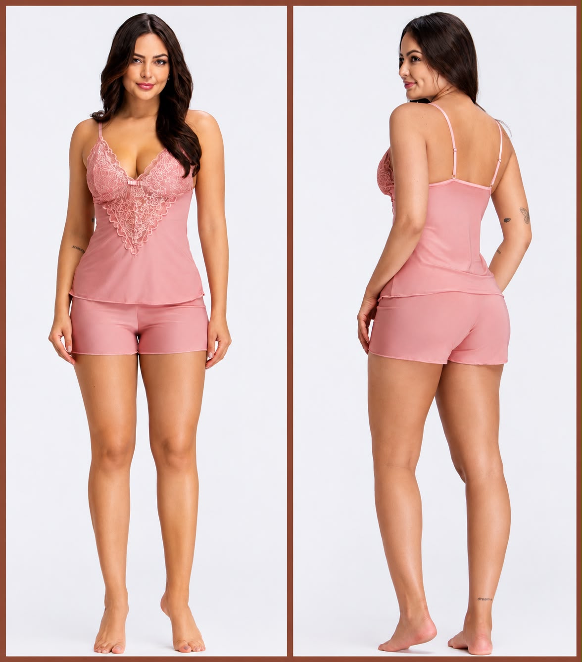 PIJAMA FEMININO DE AL&Ccedil;A COM RENDA E SHORT ROSE - ESSENCIAL