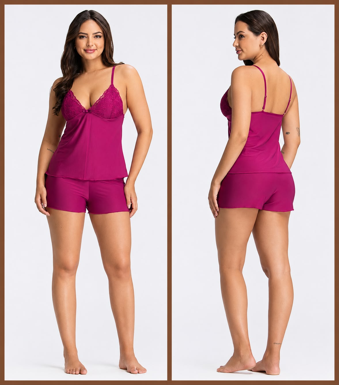 PIJAMA FEMININO DE AL&Ccedil;A COM RENDA E SHORT MORADO - ESSENCIAL