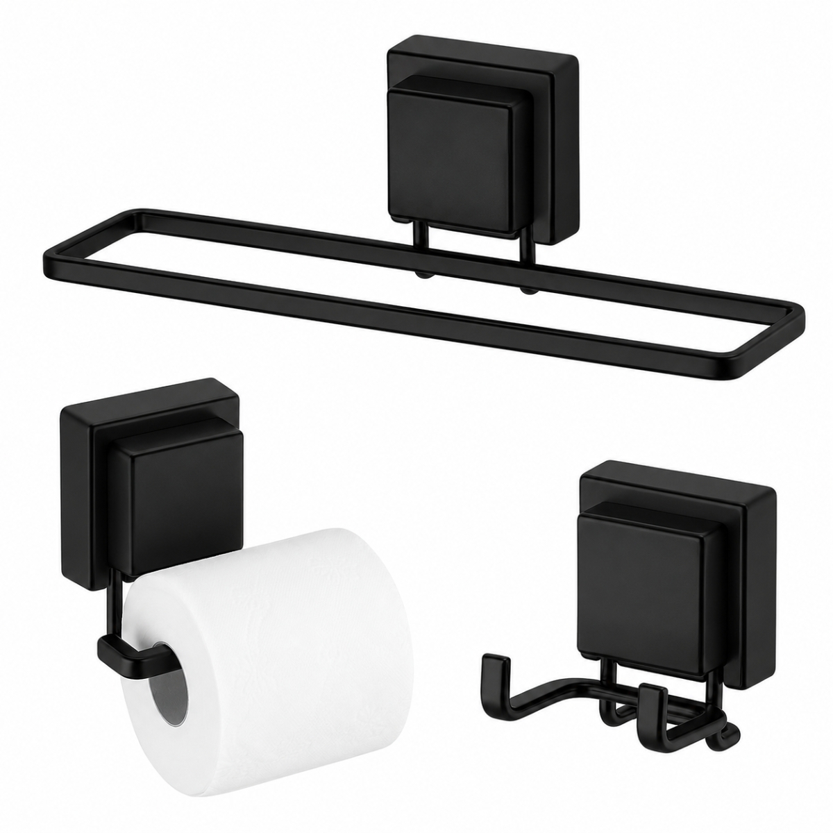 Kit Acess&oacute;rios Banheiro Preto Fosco 3 Pe&ccedil;as Ventosa Future Sem Furar rosto papel cabide