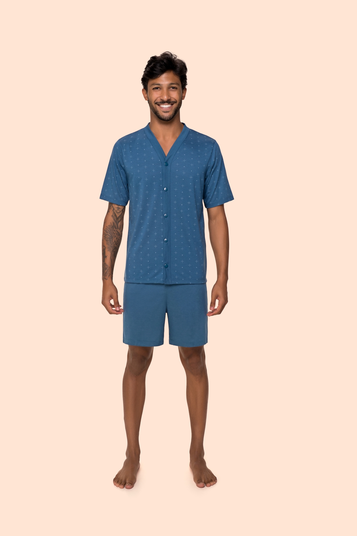 PIJAMA MASCULINO CURTO COM BOTÕES AZUL PLUS SIZE - BOCEJINHO