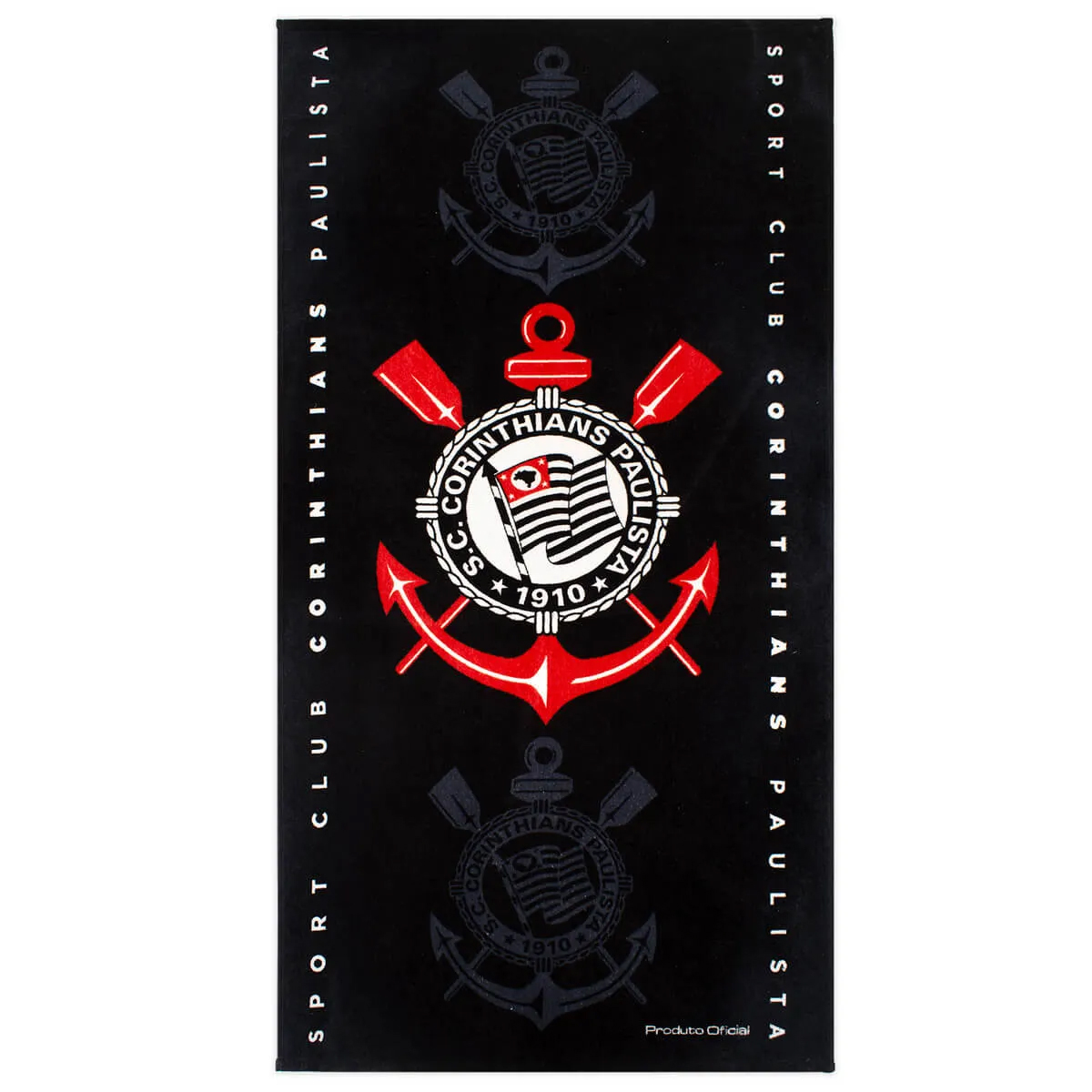 Toalha Praia KazzaVip Veludo Estampado 100% Algodão Brasão Licenciado Oficial Clube Corinthians 2026 70cm x 140m Preto