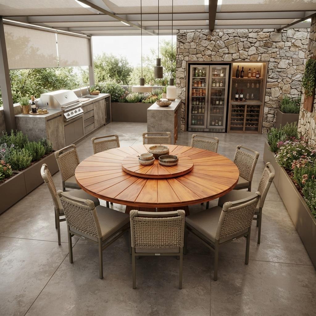 Mesa Manaus Tampo Sol em Madeira Peroba com Girat&oacute;rio Sobrepor 180cm Di&acirc;metro