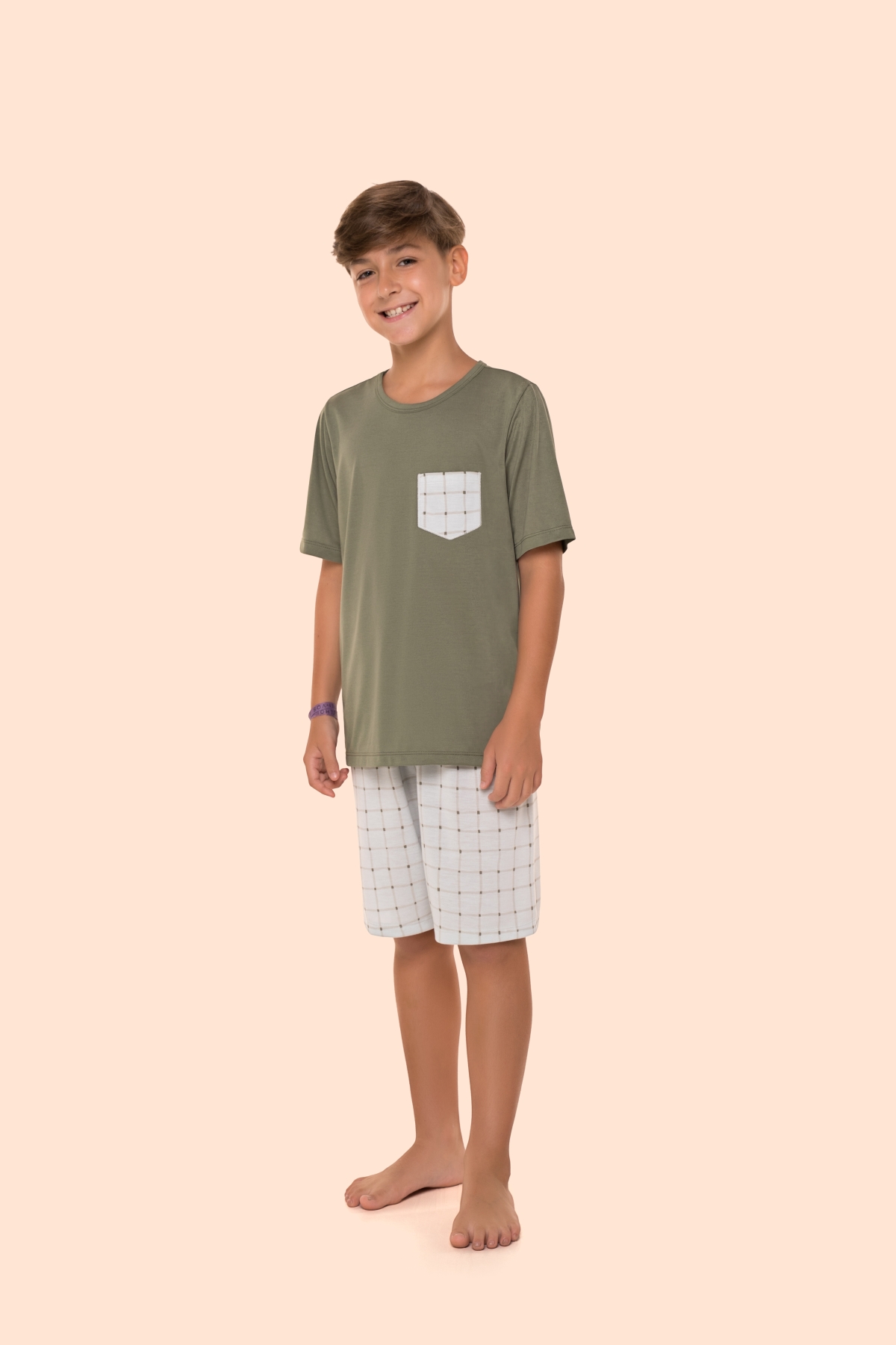 PIJAMA MASCULINO INFANTIL CURTO VERDE XADREZ FAMÍLIA - BOCEJINHO