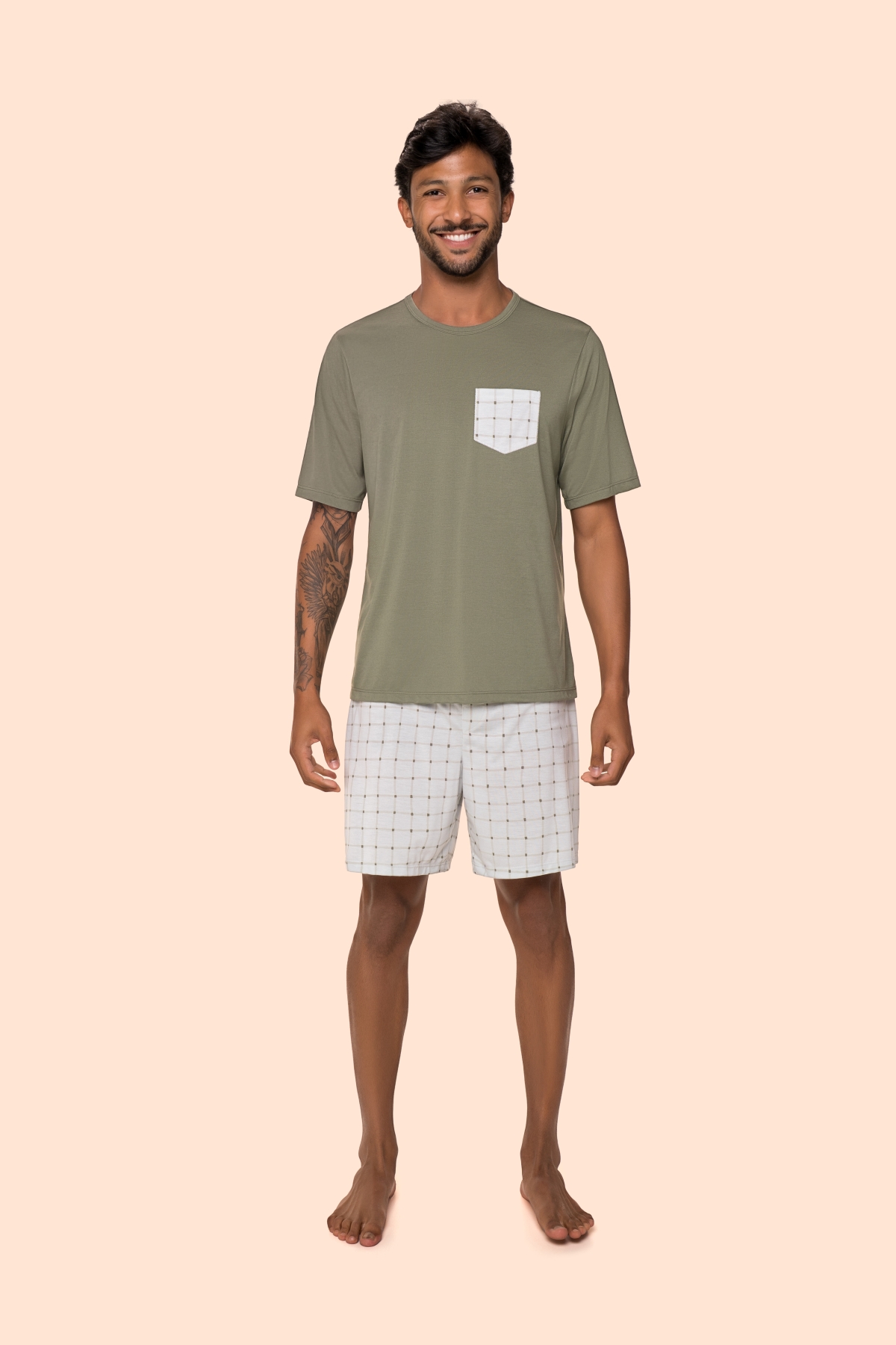 PIJAMA MASCULINO MANGA CURTA E BERMUDA VERDE XADREZ FAM&Iacute;LIA - BOCEJINHO