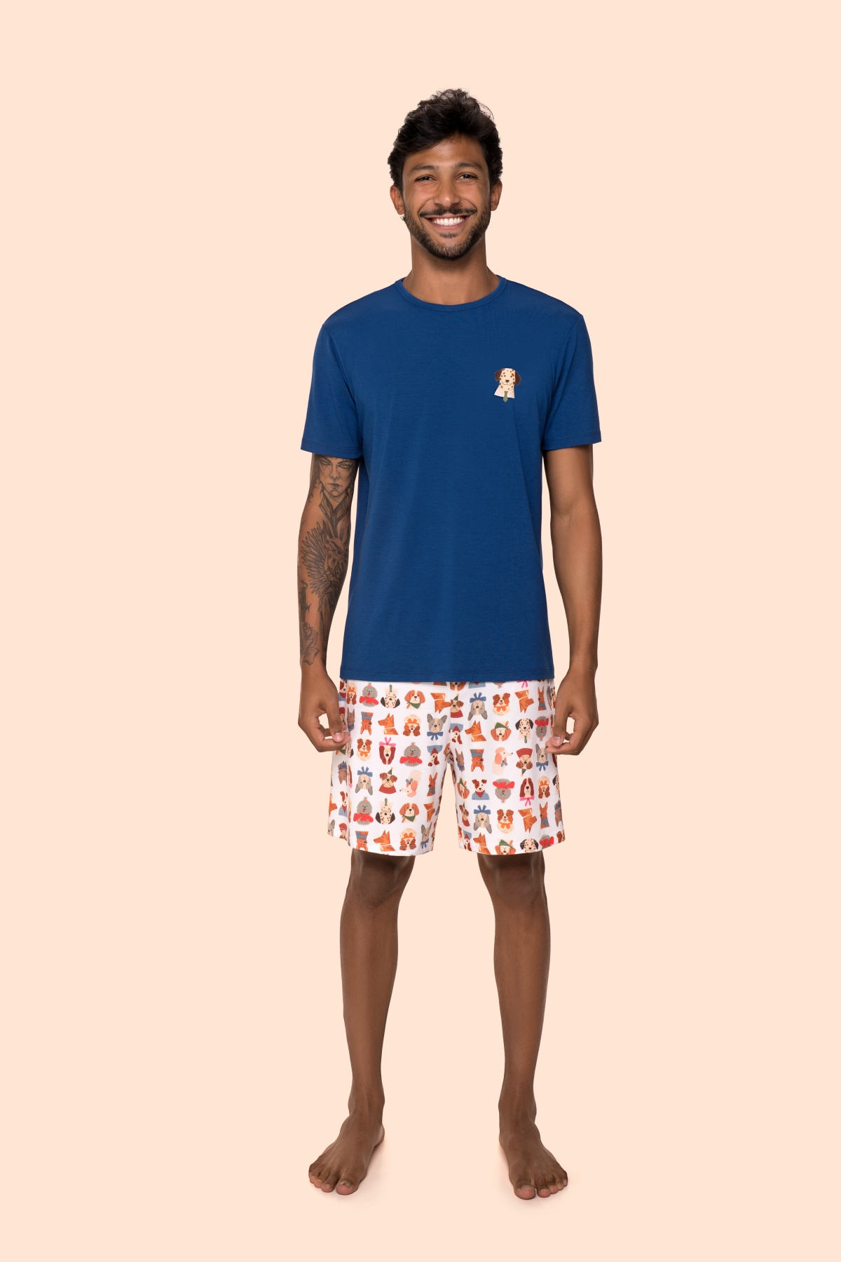 PIJAMA MASCULINO CURTO AZUL CACHORROS FAMÍLIA PLUS SIZE - BOCEJINHO