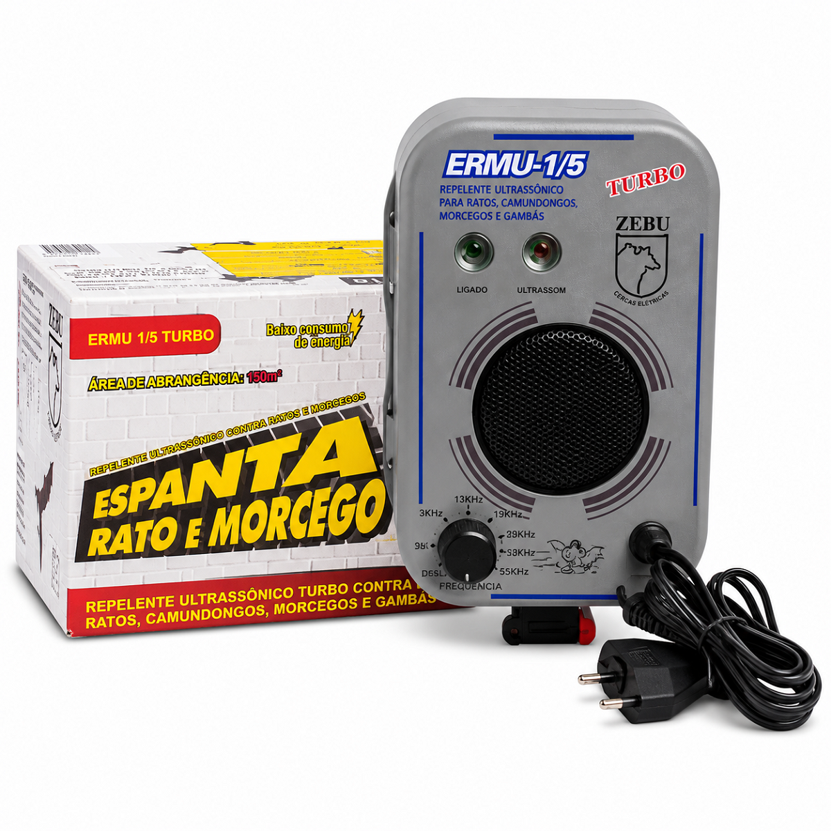 Repelente Ultrass&ocirc;nico Zebu ERMU 1/5 Turbo Para Ratos Morcegos Gamb&aacute;s 150m&sup2; Frequ&ecirc;ncia Ajust&aacute;vel