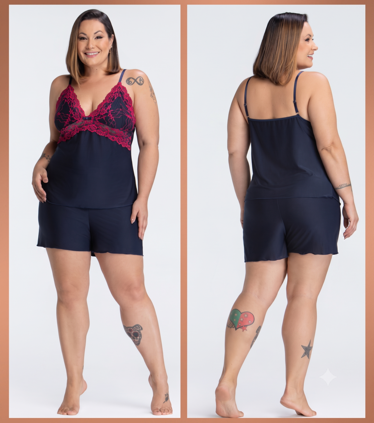 PIJAMA FEMININO CURTO DE ALÇA COM RENDA BICOLOR MARINHO PLUS SIZE - ESSENCIAL