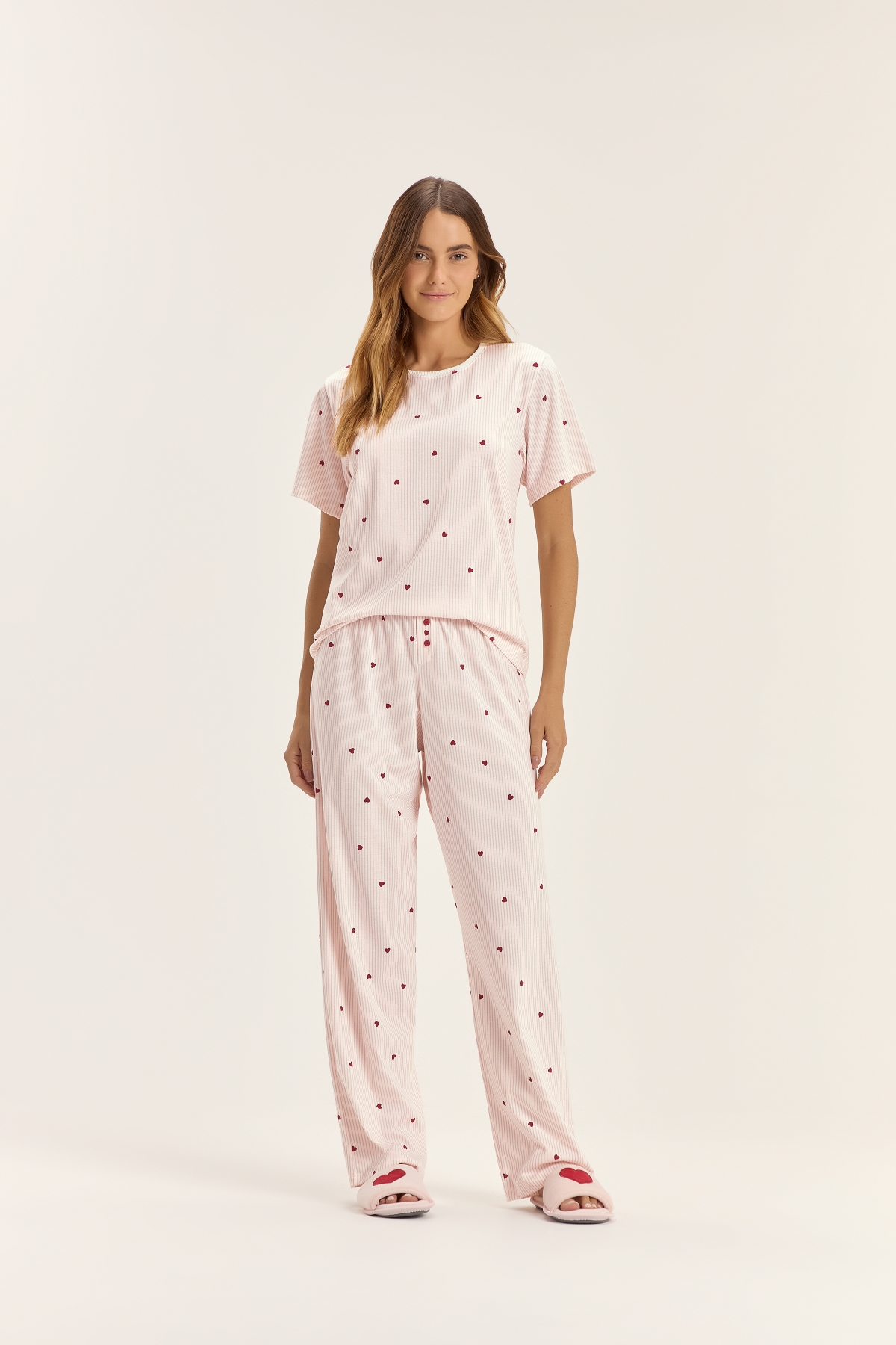 PIJAMA FEMININO MANGA CURTA E CAL&Ccedil;A LISTRADA ROSA - COR COM AMOR