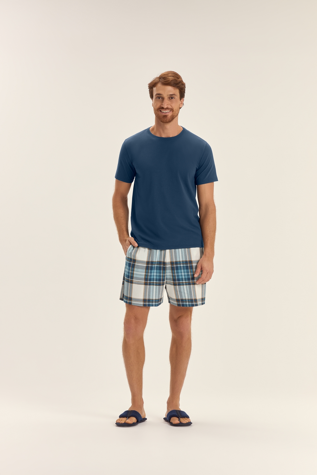PIJAMA MASCULINO MANGA CURTA E BERMUDA AZUL XADREZ - COR COM AMOR