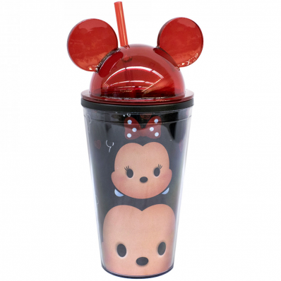 Copo Preto Com Canudo E Orelhas Mickey & Minnie Tsum Tsum 450ml - Disney