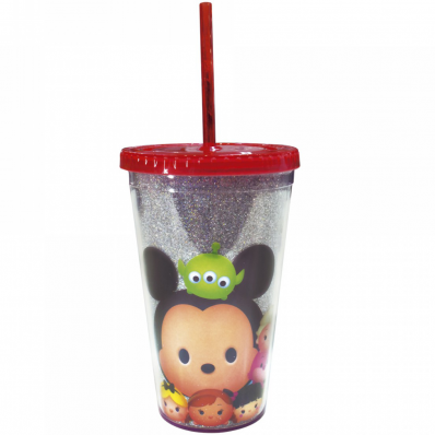 Copo Com Canudo Vermelho Mickey E Minnie Tsum Tsum 450ml - Disney
