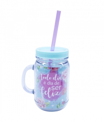 Caneca Com Tampa E Canudo Todo Dia É Dia De Ser Feliz 420ml - Projeto Kiwi