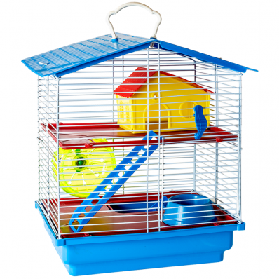 Gaiola Hamster 2 Andares com Suporte - c/Casinha, Escadinha, Comedouro e Rodinha 