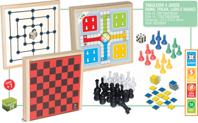 Jogo tabuleiro 4 em 1 - Ludo-Dama-Trilha-Xadrez - IOB