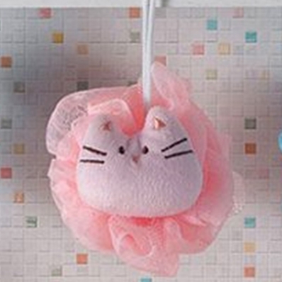 Esponja de Banho Bouton Carinhas Gatinha com Corda Nylon Rosa