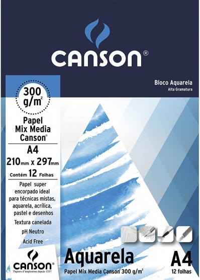 Bloco para desenho aquarela A4 mix media 300g 12 fls - Canson