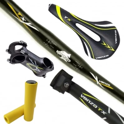 Kit Venzo Tx Canote Mesa Guidão Manopla Selim Mtb Bike Amarelo