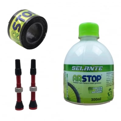 Kit Tubeless Arstop Selante 300ml + Válvulas Vermelha + Fita 