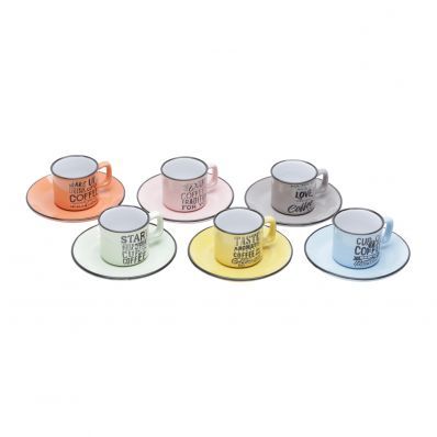 Conjunto 6 Xícaras de Porcelana para Café com Pires Words coloridas 80ml