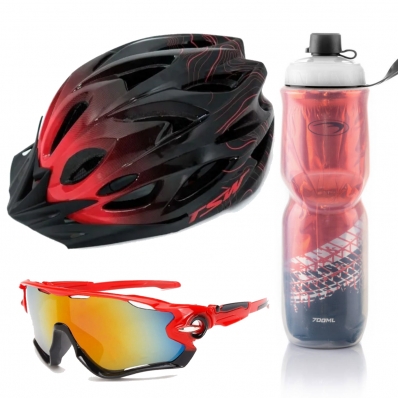 kit Capacete Ciclismo Mtb Raptor3 Tsw Oculos garrafa Termica Vermelho