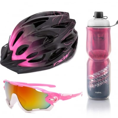 kit Capacete Ciclismo Mtb Raptor3 Tsw Óculos garrafa Termica Pink