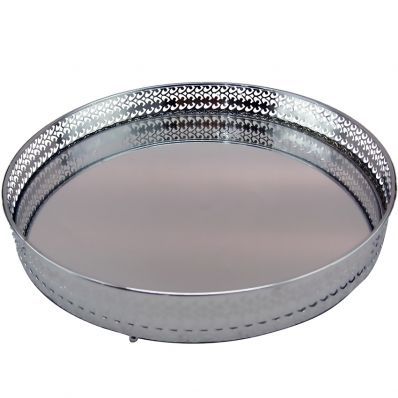 Bandeja Decorativa Redonda em Latão com Espelho cor Prata D26xA4cm 