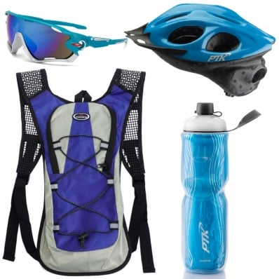  Capacete Ciclismo Flash Óculos Garrafa Mochila Hidratação Azul