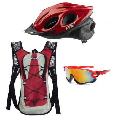  Capacete Ciclismo Flash Óculos Garrafa Mochila Hidratação Vermelho