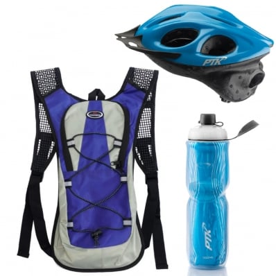 Capacete Ciclismo Flash Garrafa Termica Mochila Hidratação Azul