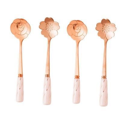 Conjunto 4 Colheres para Chá Aço Inox Cabo Cerâmica Flowes Rose/Rosa