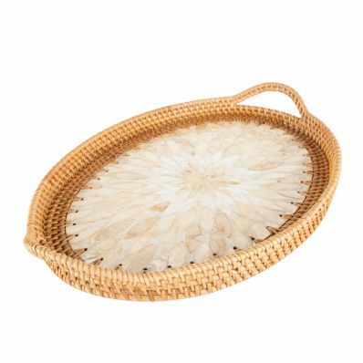 Bandeja Decorativa Madrepérola e Rattan Branca 42x25x6cm