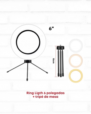 Ring Light 6 Polegadas De Mesa + Tripé Iluminador Arco De Led