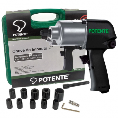 Kit Chave de Impacto 1/2 Pol. 780Nm com 10 soquetes, Prolongador e Maleta POTENTE BRASIL PN120278