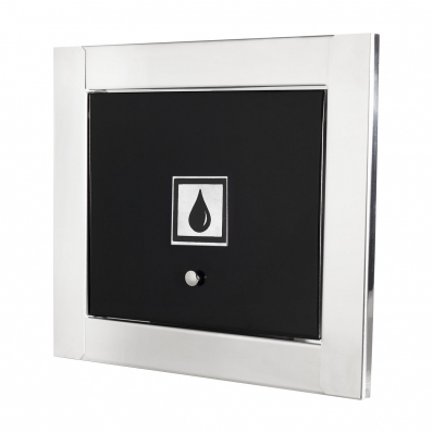 Visor de água porta em preto fosto com moldura em inox polida brilhante espelhada